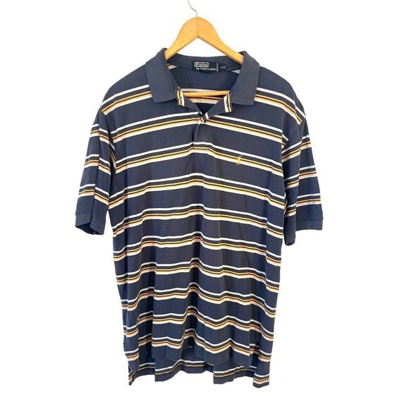 Polo Ralph Lauren Navy Yellow Stripe Short Sleeve Golf Polo Shirt - Picture 1 of 8